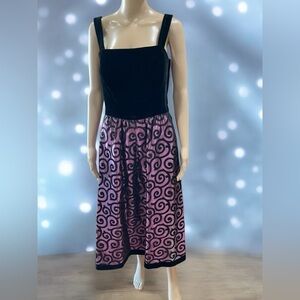 Vintage Lanz black velvet dress with taffeta purple brocade skirt M/L